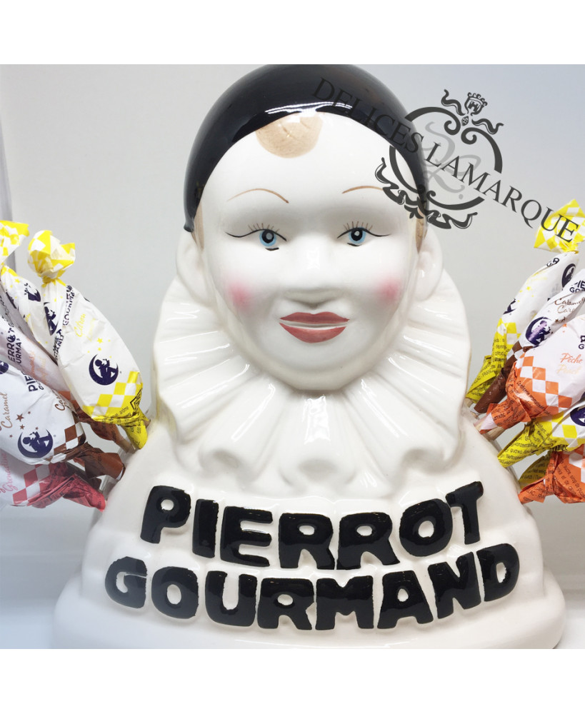 Coffret gourmandise Pierrot Gourmand : buste en céramique et 40 sucettes